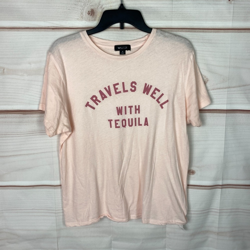 Wildfox Top Women M Pink Travel Well With Tequila T-Shirt Crew Neck Short Sleeve
